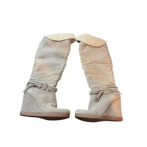 NINE WEST Vintage America Boot Tan Suede Leather Faux Sherpa Wedge Heel size 6.5